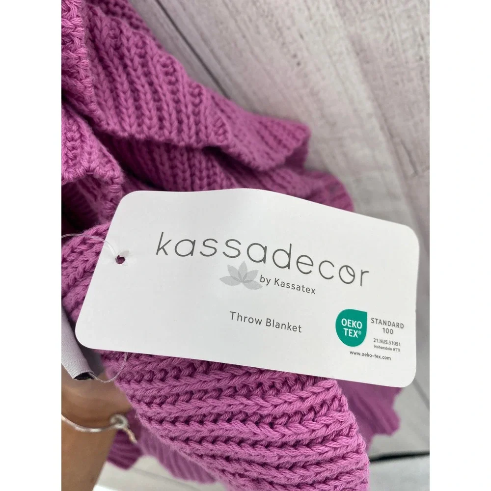 Kassadecor Throw Blanket Orchid Purple Cotton Knit Ruffle Trim Kassatex Cottage